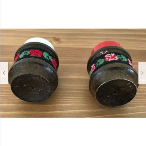 Wooden Salt & Pepper 2" Shakers w/ Scandinavian Flower Ribbon Design - Picture 3 of 4